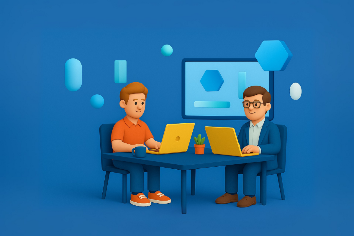 Zwei stilisierte Figuren beim Microsoft Fabric Workshop von AppSphere, umgeben von abstrahierten Daten- und KI-Elementen im Microsoft-Stil