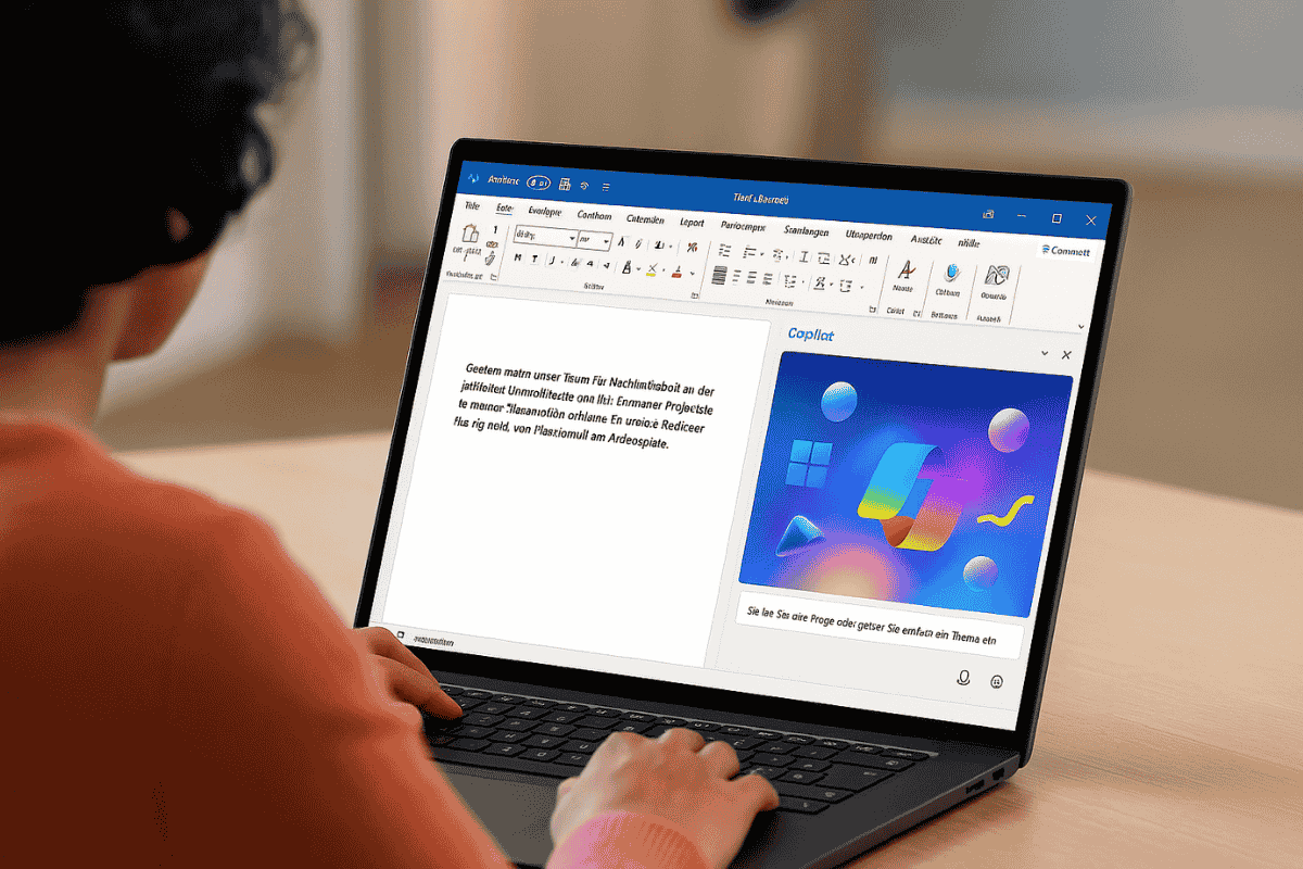 Person arbeitet in Microsoft Word mit aktivem Copilot-Panel, das visuell KI-Funktionen in Office-Anwendungen symbolisiert