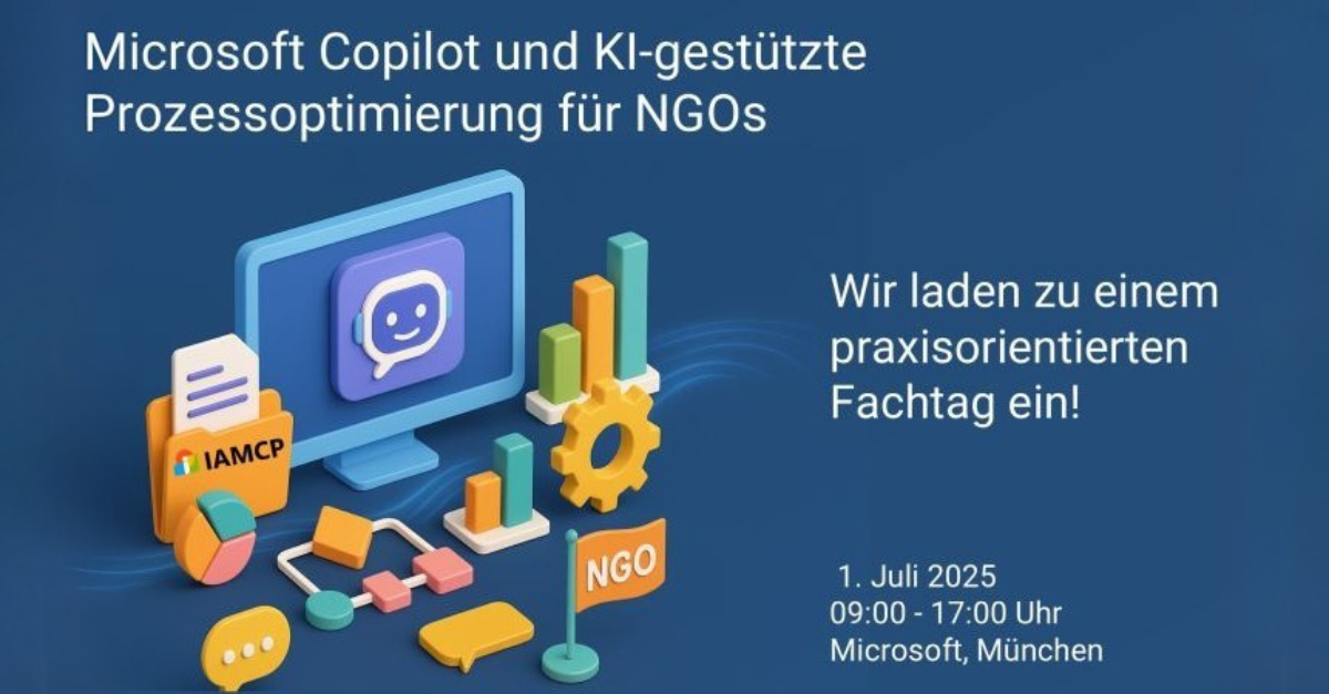 Grafische Darstellung von KI, Datenanalyse und Automatisierung für NGOs – symbolisch mit Diagrammen, Chatbot-Icon und NGO-Flagge